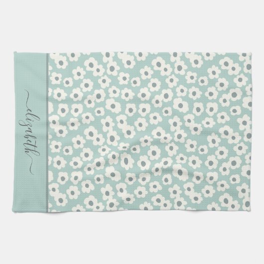 Script Monogram Boho Sage Green White Grey Floral Geschirrtuch (Horizontal)