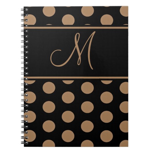 Script Monogram Brown Polka Dots auf Schwarz Notizblock (Vorderseite)