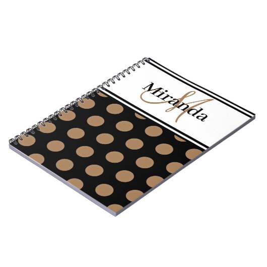 Script Monogram Brown Polka Dots Schwarz-weiß Notizblock (Linke Seite)