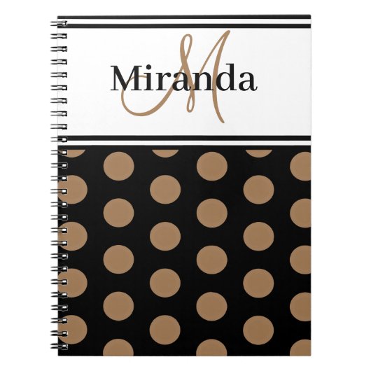 Script Monogram Brown Polka Dots Schwarz-weiß Notizblock (Vorderseite)