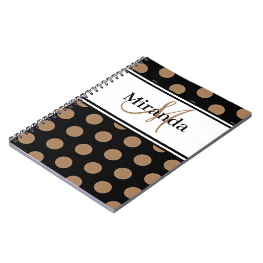 Script Monogram Brown Polka Dots Schwarz-weiß Notizblock (Linke Seite)