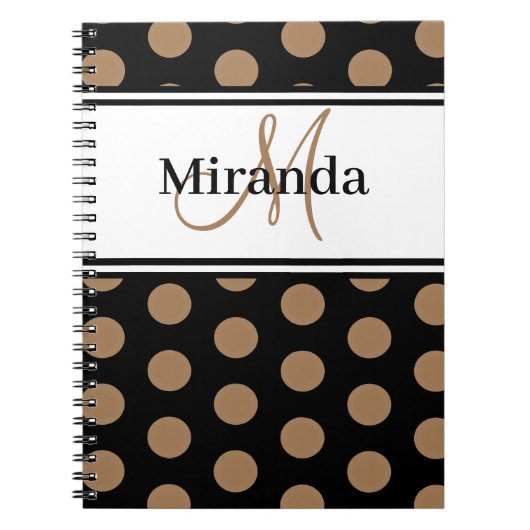 Script Monogram Brown Polka Dots Schwarz-weiß Notizblock (Vorderseite)