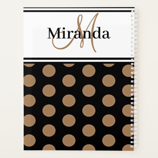 Script Monogram Brown Polka Dots Schwarz-weiß Planer (Rückseite)