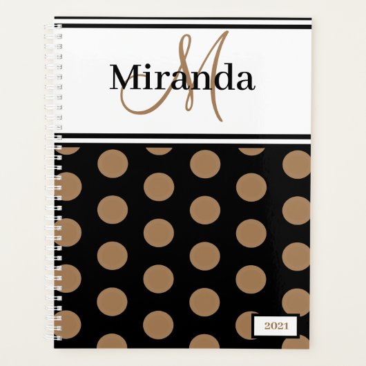 Script Monogram Brown Polka Dots Schwarz-weiß Planer (Vorderseite)
