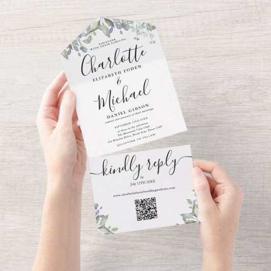 Script Monogram Floral QR Code Hochzeit All In One Einladung (Abreißen)