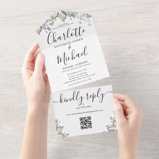 Script Monogram Floral QR Code Hochzeit All In One Einladung (Abreißen)