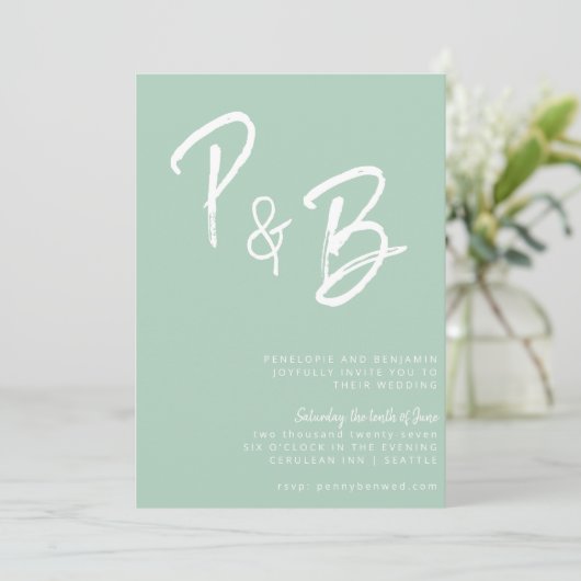 Script Monogram Handwriting Mint Pistachio Wedding Einladung (Stehend Vorderseite)