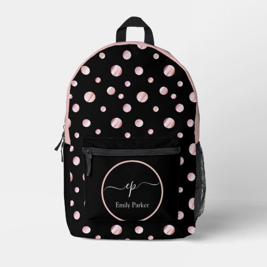 Script Monogram Individuelle Name Black Polka Dot Bedruckter Rucksack (Vorderseite)