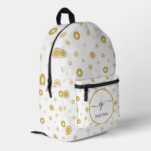 Script Monogram Individuelle Name Gold Polka Dot C Bedruckter Rucksack (Rückseitige Ecke links)