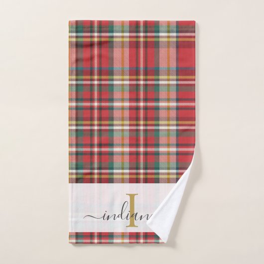 Script Monogram Kariert Rusticus Roter Name Badhandtuch Set (Handtuch)