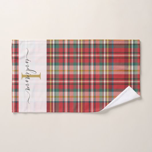 Script Monogram Kariert Rusticus Roter Name Badhandtuch Set (Handtuch)