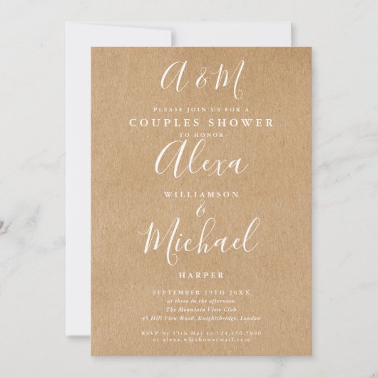 Script Monogram Kraft Couples Polterabend Einladung (Vorderseite)