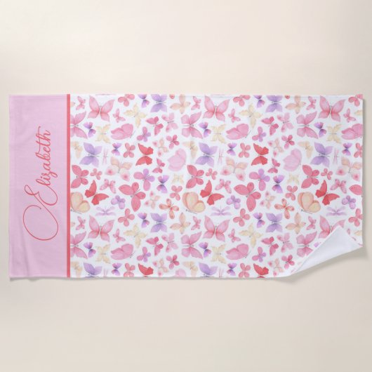 Script Monogram Pink Lila Gelbe Schmetterlinge Strandtuch (Vorderseite)