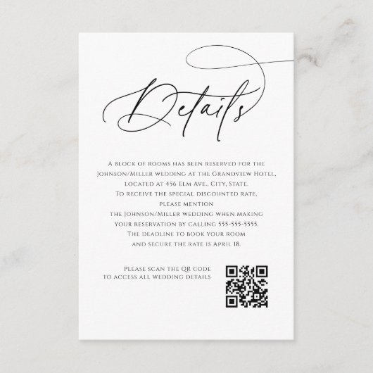 Script Monogram Wedding Details White QR Code Begleitkarte (Vorderseite)