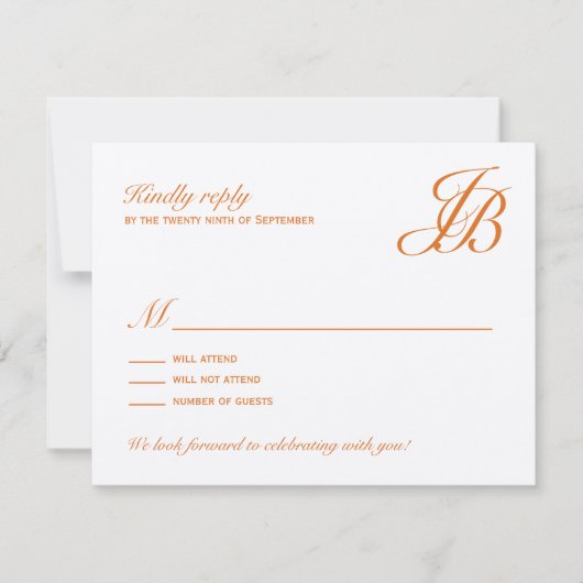 Script Monogram Wedding RSVP Card (Orange) Karte (Vorderseite)