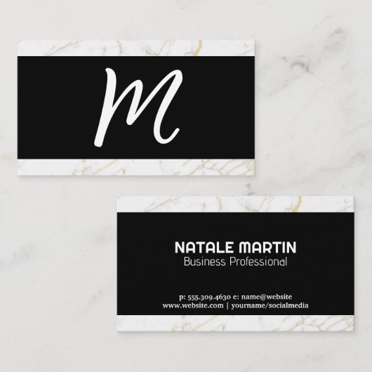 Script Monogram | Weißer Goldmarmor Visitenkarte (Vorne/Hinten)