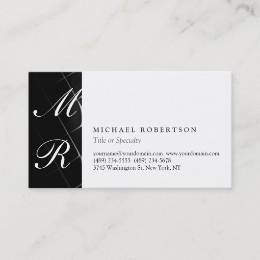 Script Monogram White Black Pattern Business Card Visitenkarte (Vorderseite)