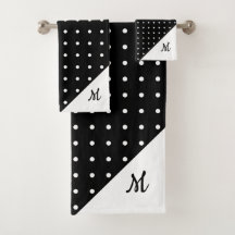 Script Monogram White on Black Polka Dot Pattern