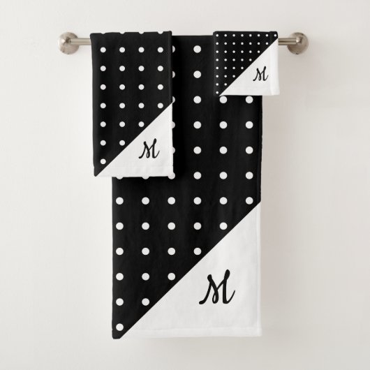 Script Monogram White on Black Polka Dot Pattern Badhandtuch Set (Insitu)