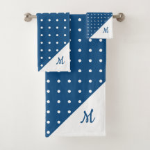 Script Monogram White on Blue Polka Dot Pattern