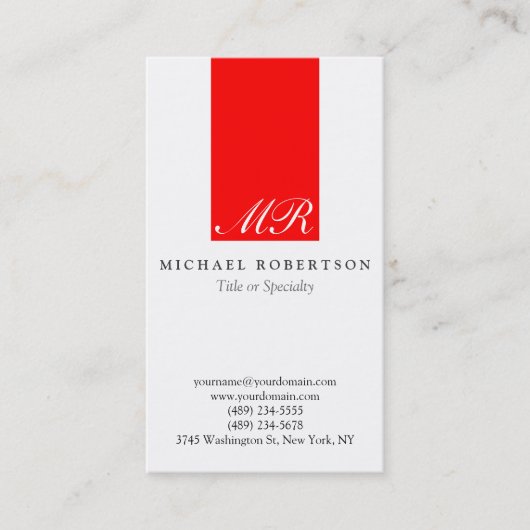 Script Monogram White Red Clean Business Card Visitenkarte (Vorderseite)