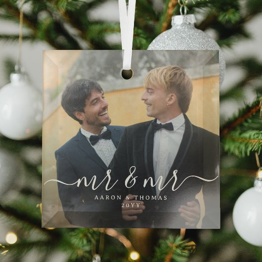 Script Mr & Mr Newlyweds Photo Christmas Ornament Aus Glas