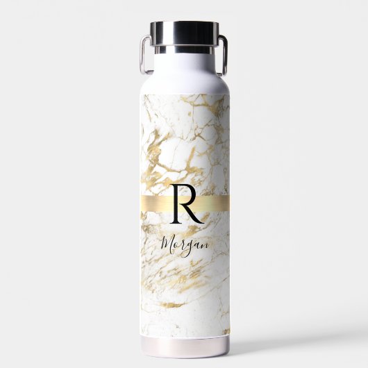 Script Name & Black Monogram, White & Gold Marmor Trinkflasche (Vorne)