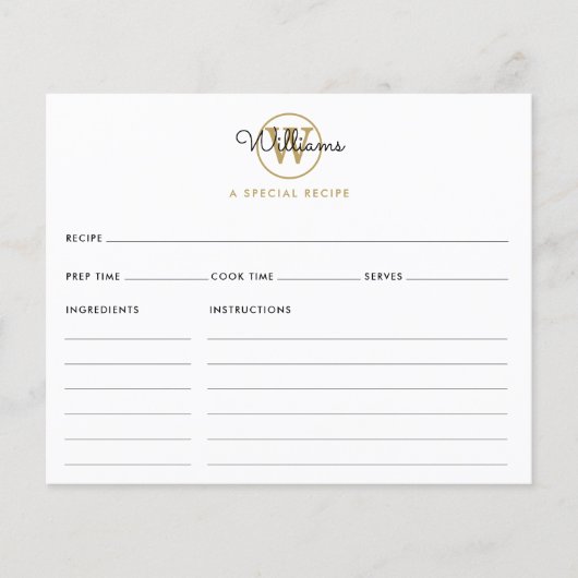 Script Name Gold Monogram Rezept Card (Vorderseite)