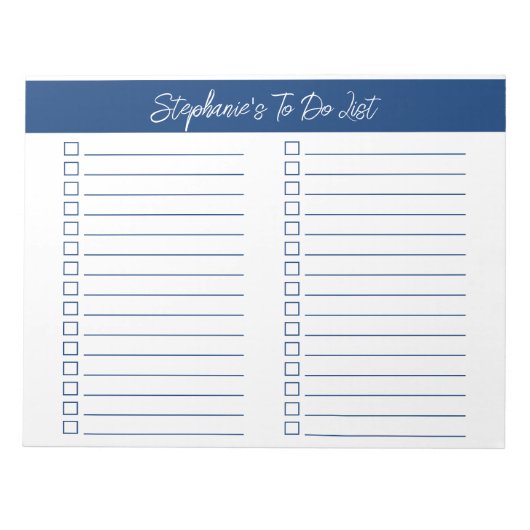 Script Navy Blue 8.5x11 Two Column Checklist Notizblock (Vorderseite)