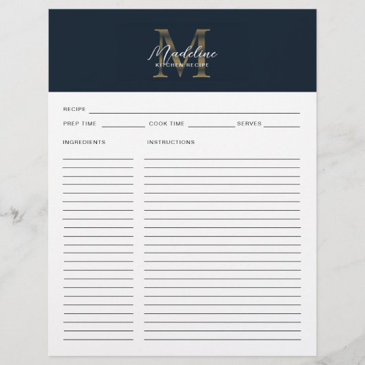 Script Navy Blue Metallic Gold Monogram Recipe (Vorderseite)
