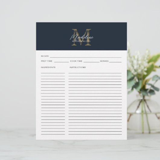 Script Navy Blue Metallic Gold Monogram Recipe (Stehend Vorderseite)