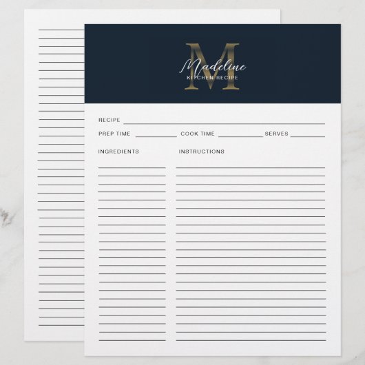 Script Navy Blue Metallic Gold Monogram Recipe (Vorne/Hinten)