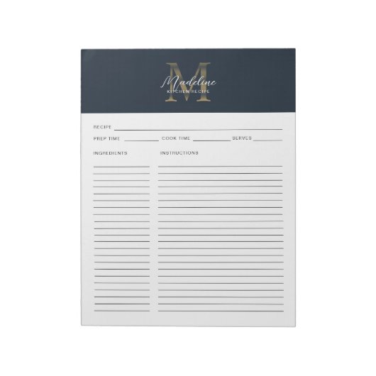 Script Navy Blue Metallic Gold Monogram Recipe Notizblock (Rotiert)