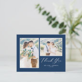 Script Navy Blue Two Foto Wedding Vielen Dank Postkarte (Stehend Vorderseite)
