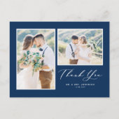 Script Navy Blue Two Foto Wedding Vielen Dank Postkarte (Vorderseite)