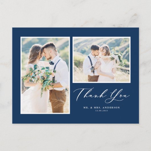 Script Navy Blue Two Foto Wedding Vielen Dank Postkarte (Vorderseite)