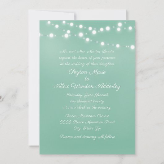 Script Neo Mint Aquamarine White String Lights Hoc Einladung (Vorderseite)