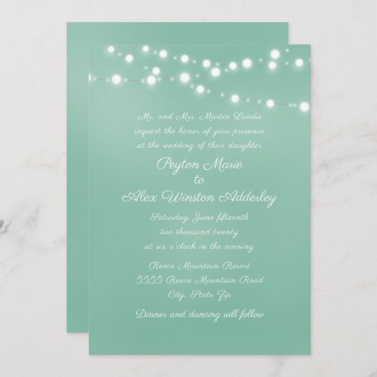 Script Neo Mint Aquamarine White String Lights Hoc Einladung (Vorne/Hinten)