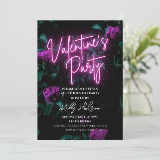 Script Neon Valentine's Day Party Einladung (Stehend Vorderseite)