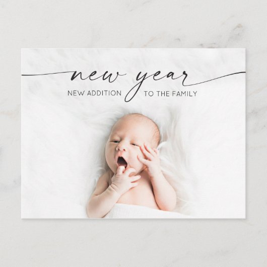Script New Year New Baby Birence Announcement Foto Postkarte (Vorderseite)