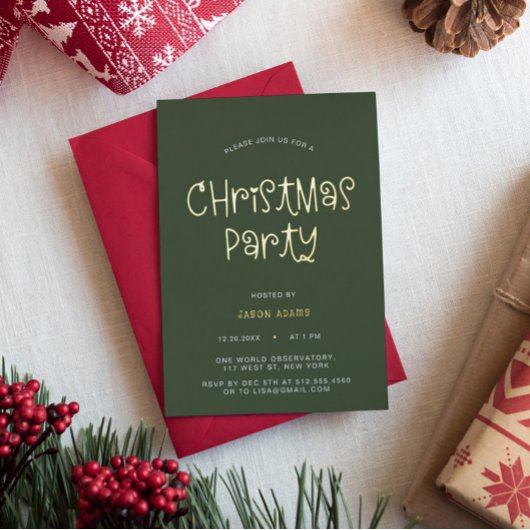 Script Olive Green Christmas Party Foil Einladung