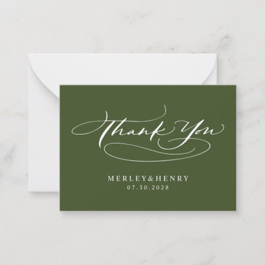 Script Olive Green Wedding Budget Thank You Mitteilungskarte (Vorderseite)