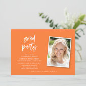 Script Orange and Blue Foto Graduation Party Einladung (Stehend Vorderseite)