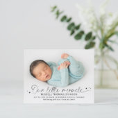 Script Our Little Miracle 2 Fotos Birth Ankündigungspostkarte (Stehend Vorderseite)