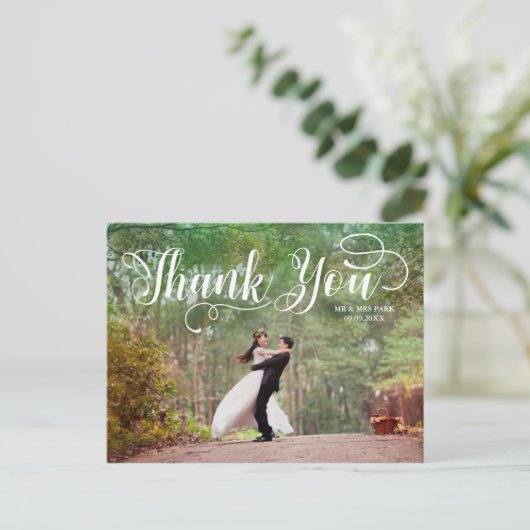 Script Overlay Wedding Foto Vielen Dank Postkarte (Stehend Vorderseite)