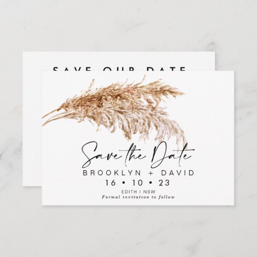 Script Pampas Grass Wedding Save the Date Card Einladung (Vorne/Hinten)