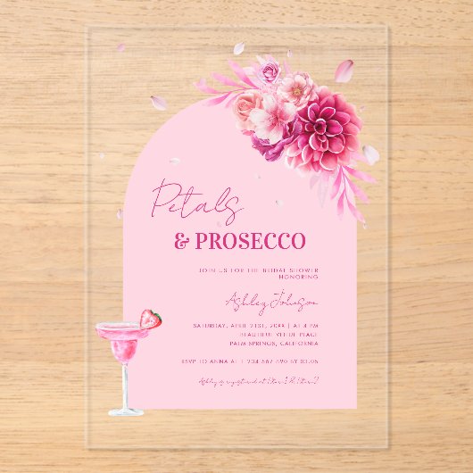 Script Petals & Prosecco Pink Brautparty Acryleinladungen (Vorderseite)
