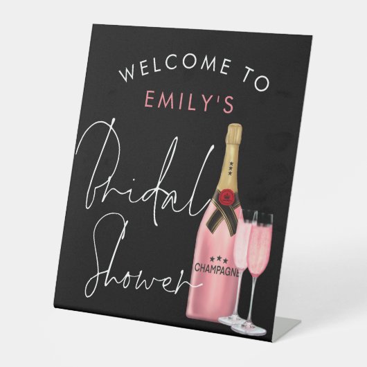 Script Pink Champagne Name Willkommen Brautparty Sockelschild (Vorderseite)