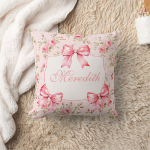 Script Pink Roses Bow Coquette Kissen