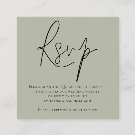 Script QR Code Soft Sage Green Wedding RSVP Begleitkarte (Vorderseite)
